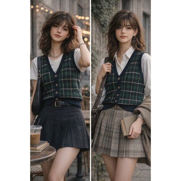 Alfred Dunner Jackets & Blazers - Vintage Plaid Knit Sweater Vest Women Large Green Navy Button Front Academia